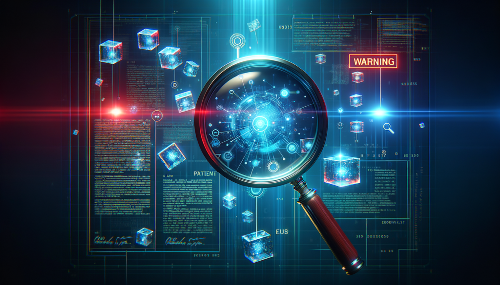 Software expert witness analyzing patent claim charts with magnifying glass highlighting code errors in blue and red